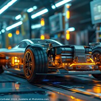 Buy canvas prints of A sleek, modern electric sports car is showcased moving along a conveyor belt. by Joaquin Corbalan