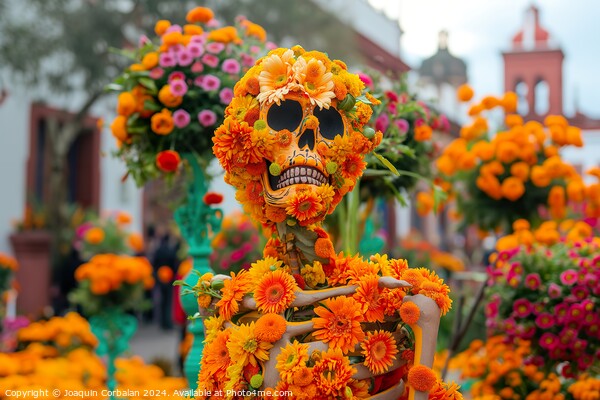 A statue crafted from flowers depicting a human skeleton, placed in a Mexico street for Dia de los Muertos Picture Board by Joaquin Corbalan