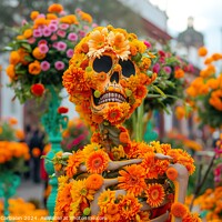 Buy canvas prints of A statue crafted from flowers depicting a human skeleton, placed in a Mexico street for Dia de los Muertos by Joaquin Corbalan