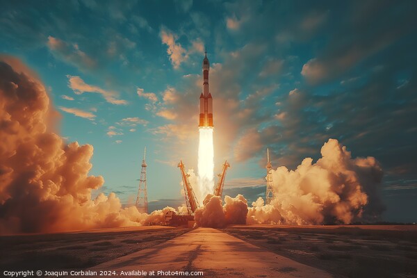 Rocket ascending into the sky from launch pad with flames and smoke trailing behind. Picture Board by Joaquin Corbalan