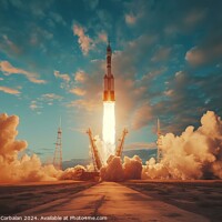 Buy canvas prints of Rocket ascending into the sky from launch pad with flames and smoke trailing behind. by Joaquin Corbalan