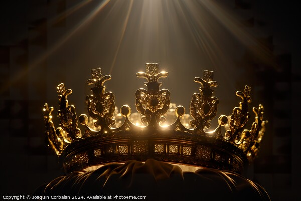A crown glows under a golden beam against a black background. Picture Board by Joaquin Corbalan
