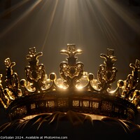 Buy canvas prints of A crown glows under a golden beam against a black background. by Joaquin Corbalan