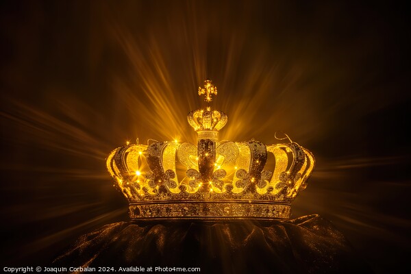 A golden crown illuminated by bright lights on a black background. Picture Board by Joaquin Corbalan