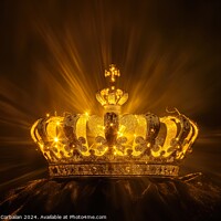 Buy canvas prints of A golden crown illuminated by bright lights on a black background. by Joaquin Corbalan
