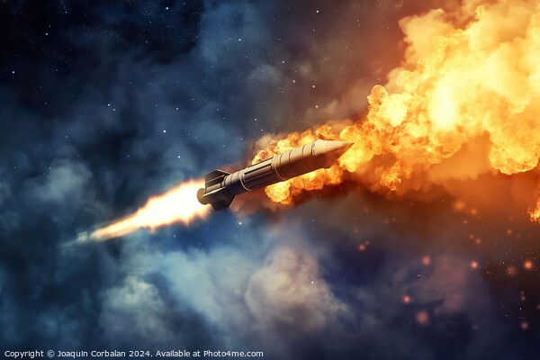 A private space shuttle flies through the sky, engulfed in flames and smoke. Picture Board by Joaquin Corbalan