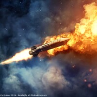 Buy canvas prints of A private space shuttle flies through the sky, engulfed in flames and smoke. by Joaquin Corbalan