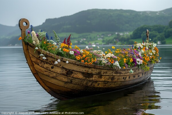 A viking boat filled with colorful flowers gently glides on the calm lake waters. Picture Board by Joaquin Corbalan