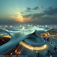 Buy canvas prints of An artistic portrayal of a futuristic airport illuminated at night with sleek architecture and futuristic lighting. by Joaquin Corbalan