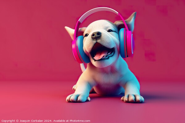 Illustration of a white puppy happily wearing colorful headphones on its ears. Picture Board by Joaquin Corbalan