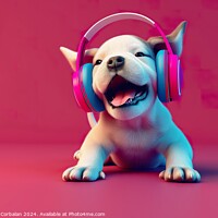 Buy canvas prints of Illustration of a white puppy happily wearing colorful headphones on its ears. by Joaquin Corbalan