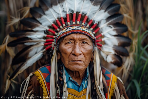 A Native American Indian man proudly wearing a traditional headdress adorned with feathers and intricate beadwork. Picture Board by Joaquin Corbalan