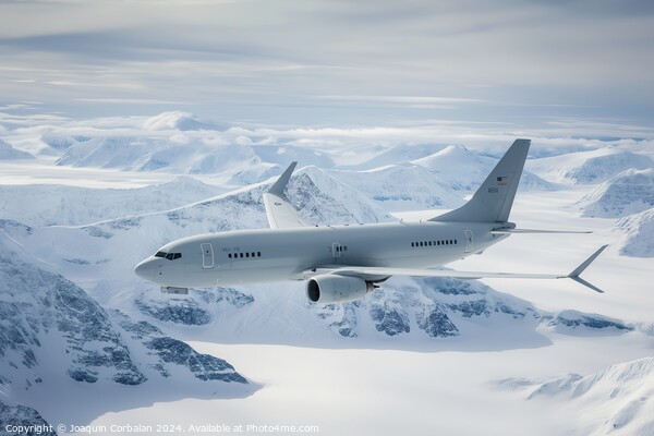 A plane flies over a snow-covered mountain range in the Arctic region on a clear day. Picture Board by Joaquin Corbalan