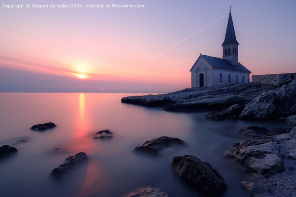 A church stands tall on a rocky shore next to the ocean, with the sunset on the horizon. Picture Board by Joaquin Corbalan