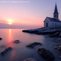 Buy canvas prints of A church stands tall on a rocky shore next to the ocean, with the sunset on the horizon. by Joaquin Corbalan