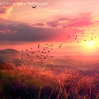 Buy canvas prints of A flock of birds soaring through the sky over a vibrant green hillside during sunset. by Joaquin Corbalan