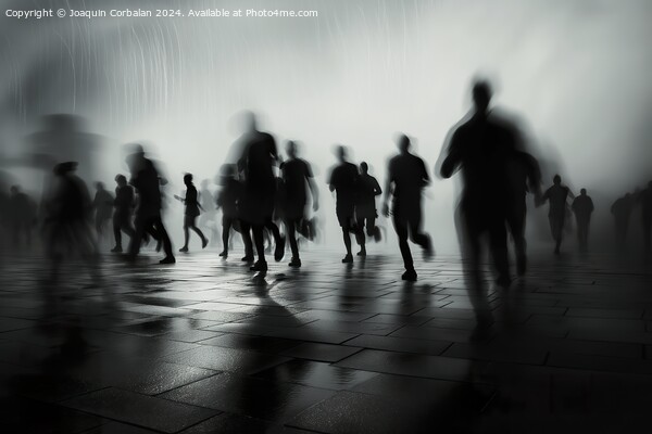 A group of individuals walking together down a city street during rainfall. Picture Board by Joaquin Corbalan