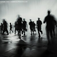 Buy canvas prints of A group of individuals walking together down a city street during rainfall. by Joaquin Corbalan