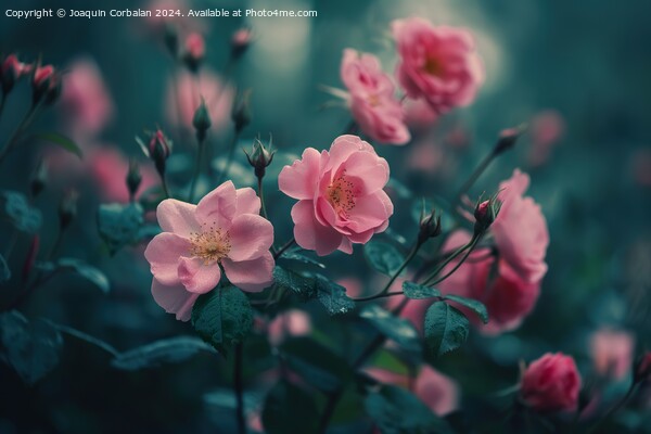 Close-up of a bunch of pink flowers with vibrant green leaves, showcasing the beauty of Rosy Carpet wild roses. Picture Board by Joaquin Corbalan