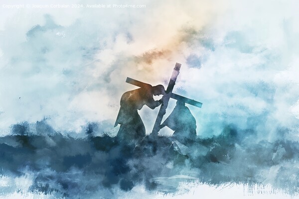A digital watercolor painting depicting Jesus carrying a cross. Picture Board by Joaquin Corbalan