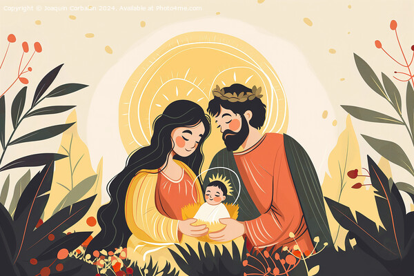 A painting depicting a man and woman tenderly holding a baby in a Christmas nativity scene. Picture Board by Joaquin Corbalan