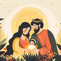 Buy canvas prints of A painting depicting a man and woman tenderly holding a baby in a Christmas nativity scene. by Joaquin Corbalan