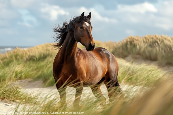 A proud brown stallion stands on a sandy beach facing the North Sea. Picture Board by Joaquin Corbalan
