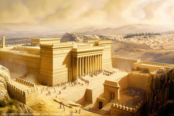 Jerusalem temple, Painting of an ancient city surrounded by towering mountains. Picture Board by Joaquin Corbalan