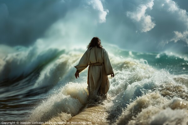 Jesus Christ , walking on turbulent waters, fancing towards camera Picture Board by Joaquin Corbalan