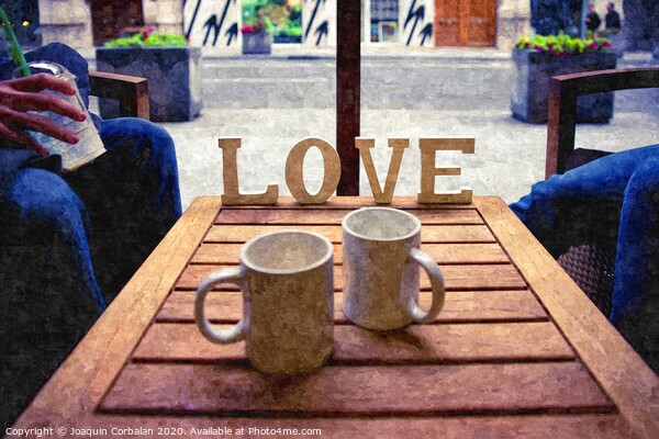 Word Love next to two cups of coffee on a table in a cafeteria, digital art oil painting from a photograph. Picture Board by Joaquin Corbalan