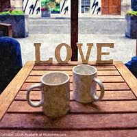 Buy canvas prints of Word Love next to two cups of coffee on a table in a cafeteria, digital art oil painting from a photograph. by Joaquin Corbalan
