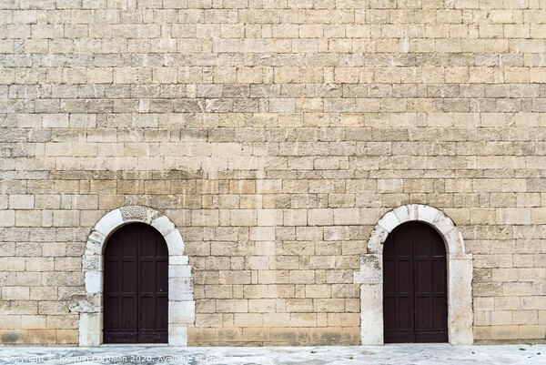 High stone walls with two symmetrical doors, medieval stone background. Picture Board by Joaquin Corbalan