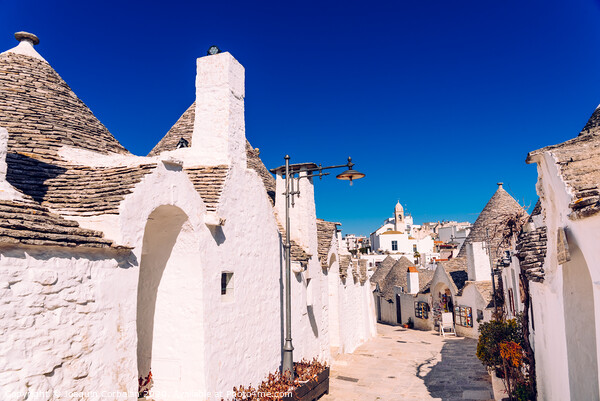 Narrow streets between the trulli of Alberobello, in southern Italy, ideal for family trips. Picture Board by Joaquin Corbalan