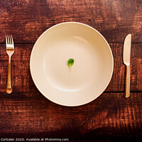 Buy canvas prints of Diet to lose weight, image of plate and cutlery with a little scanty vegetable. by Joaquin Corbalan