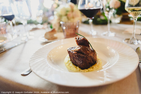 Meat dish served elegantly in a luxurious wedding in an event restaurant. Picture Board by Joaquin Corbalan