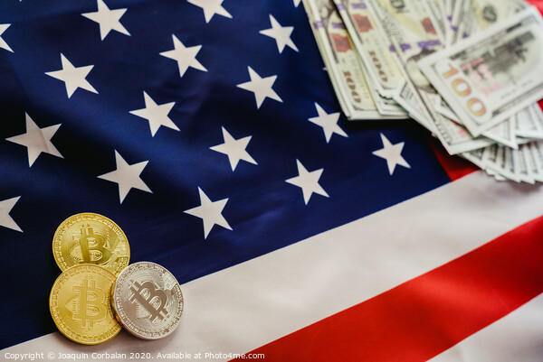 Bitcoins and american dollar bills with US flag background, copy space. Picture Board by Joaquin Corbalan