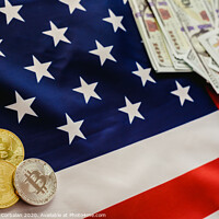 Buy canvas prints of Bitcoins and american dollar bills with US flag background, copy space. by Joaquin Corbalan