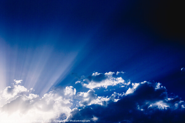 Sunbeams rising from a large cloud in intense blue sky on a summer afternoon Picture Board by Joaquin Corbalan