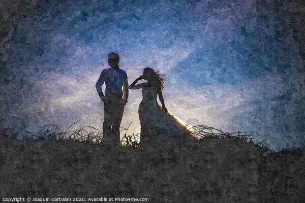 Newlywed couple after their wedding at sunset, digital art oil painting from a photograph. Picture Board by Joaquin Corbalan