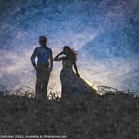 Buy canvas prints of Newlywed couple after their wedding at sunset, digital art oil painting from a photograph. by Joaquin Corbalan