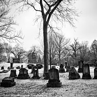 Buy canvas prints of black and white snowy graveyard with aged tombstones by Joaquin Corbalan