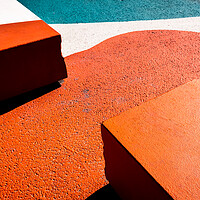 Buy canvas prints of Asphalt floor painted in orange, with concrete blocks of harsh shadows of sunlight, abstract background. by Joaquin Corbalan