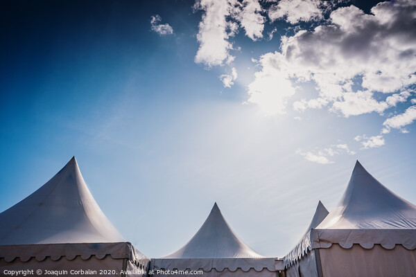 Peaks of three pyramidal white tents and blue sky background with space for advertisers text. Picture Board by Joaquin Corbalan