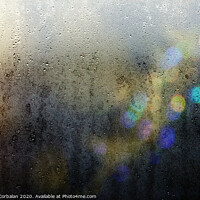 Buy canvas prints of Beams of lights through a wet glass on a dark night, background of cold drops of water. by Joaquin Corbalan