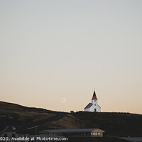 Buy canvas prints of Church on top of a hill and under a mountain, with the moon in the background. by Joaquin Corbalan