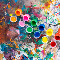 Buy canvas prints of Bottles of paint of various colors to decorate plaster objects. by Joaquin Corbalan