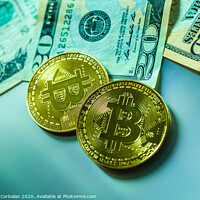 Buy canvas prints of Bright bitcoin coins next to dollar bills. by Joaquin Corbalan