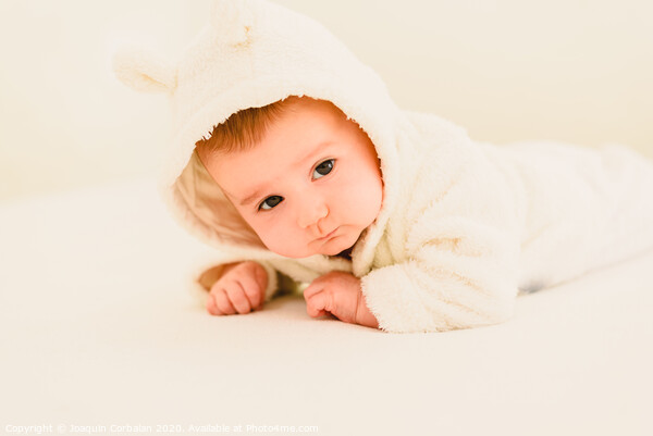 Newborn blonde baby 3 months old lying on her stomach and head raised Picture Board by Joaquin Corbalan