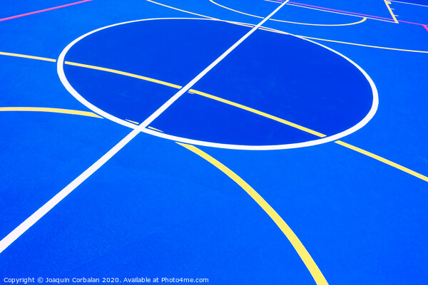 Design of a sports field, with blue background and red and yellow white lines creating strange straight lines and curves, to use with copy space. Picture Board by Joaquin Corbalan