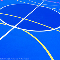 Buy canvas prints of Design of a sports field, with blue background and red and yellow white lines creating strange straight lines and curves, to use with copy space. by Joaquin Corbalan